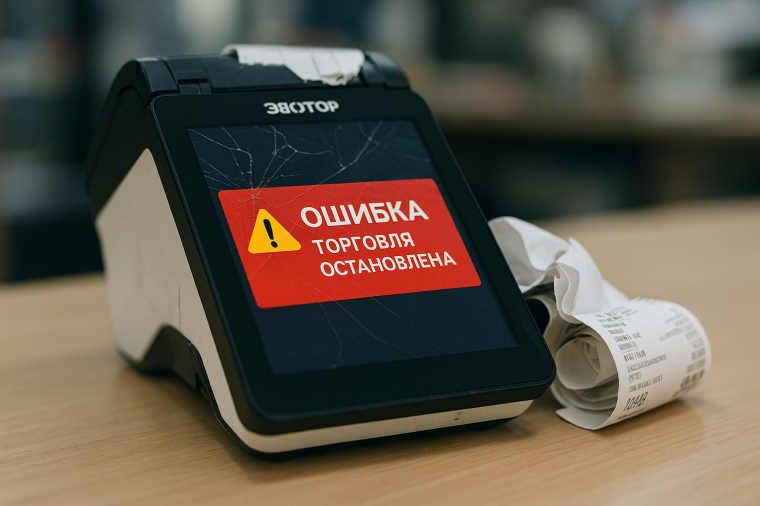 Сломанная касса с ошибкой на экране, остановленная торговля